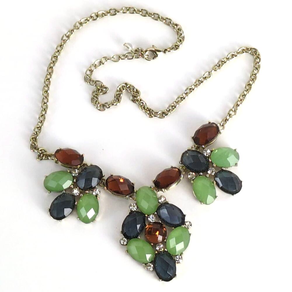 Vintage Napier 18" Statement Necklace Amber Jade Navy Gemstones‎ Goldtone Chain